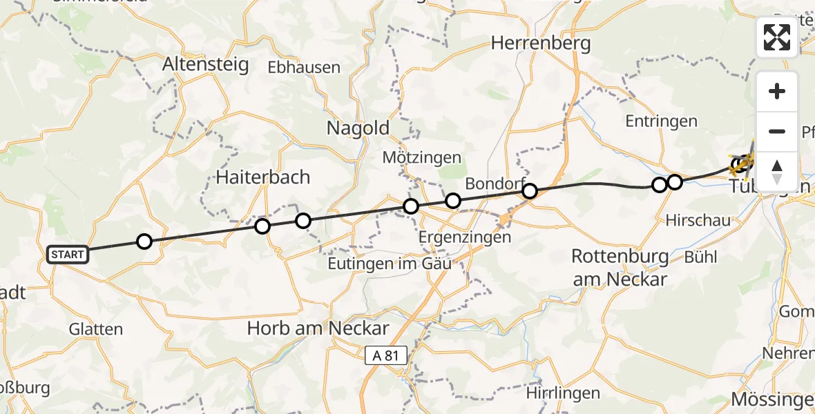Flugroute Ambulanzhubschrauber Dornstetten - Tübingen Trauma Hospital, 08 August 2026, 16:00