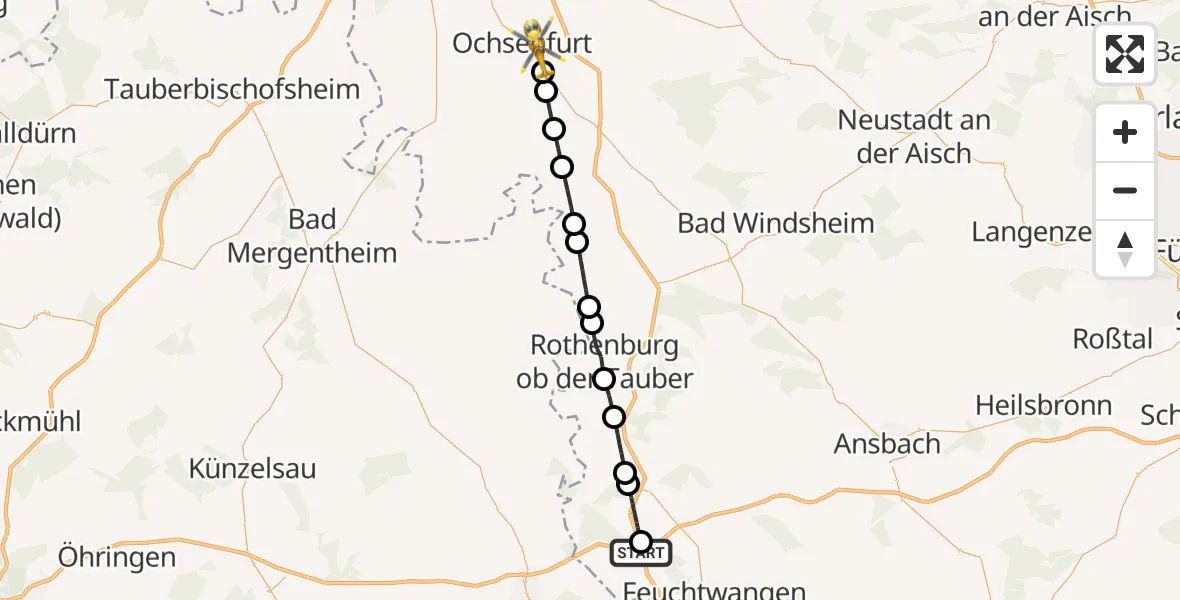 Flugroute Rettungshubschrauber Feuchtwangen - Ochsenfurt Hospital, 08 August 2026, 16:01