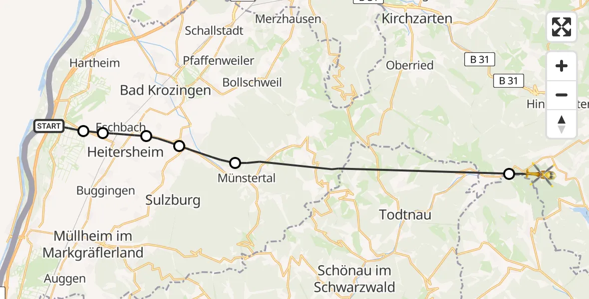 Flugroute Ambulanzhubschrauber Neuenburg am Rhein - Feldberg (Schwarzwald), 08 August 2026, 16:07