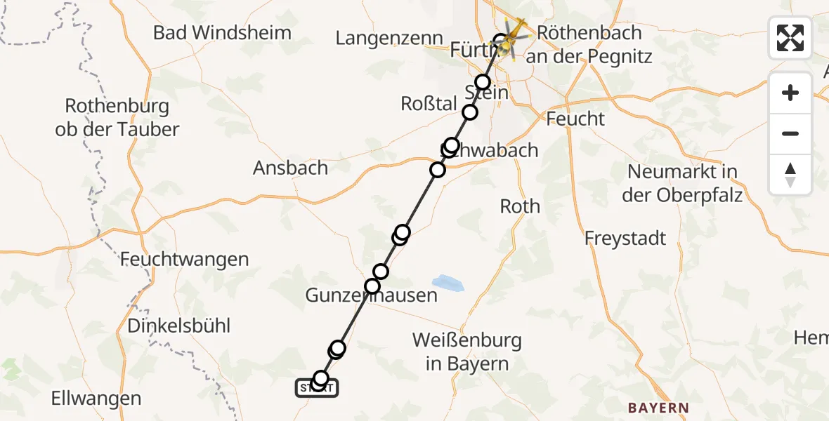 Flugroute Ambulanzhubschrauber Hainsfarth - Flughafen Nuremberg, 08 August 2026, 16:15