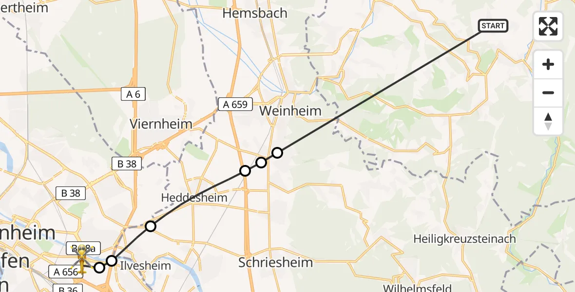 Flugroute Rettungshubschrauber Wald-Michelbach - Mannheim-City Flughafen, 08 August 2026, 16:17