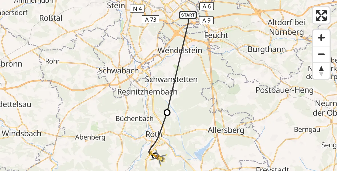 Flugroute Rettungshubschrauber Nürnberg - Flugplatz Roth, 08 August 2026, 16:17