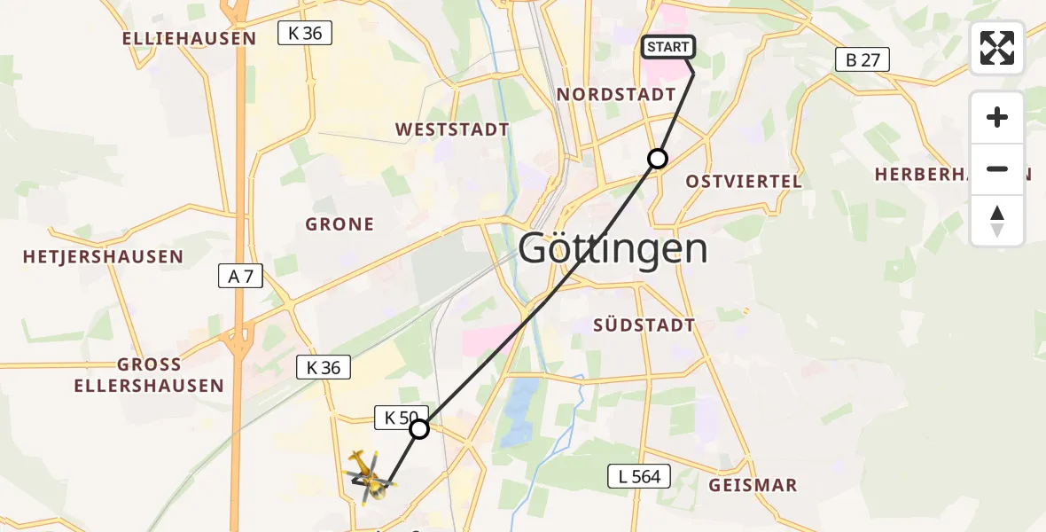 Flugroute Rettungshubschrauber Göttingen University Clinic Hubschrauberlandeplatz - Rosdorf, 08 August 2026, 16:23