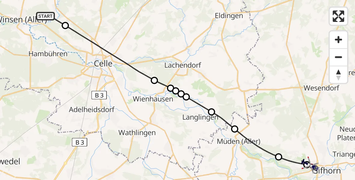 Flugroute Polizeihubschrauber Winsen (Aller) - Gifhorn Bundespolizei Hubschrauberlandeplatz, 08 August 2026, 16:27