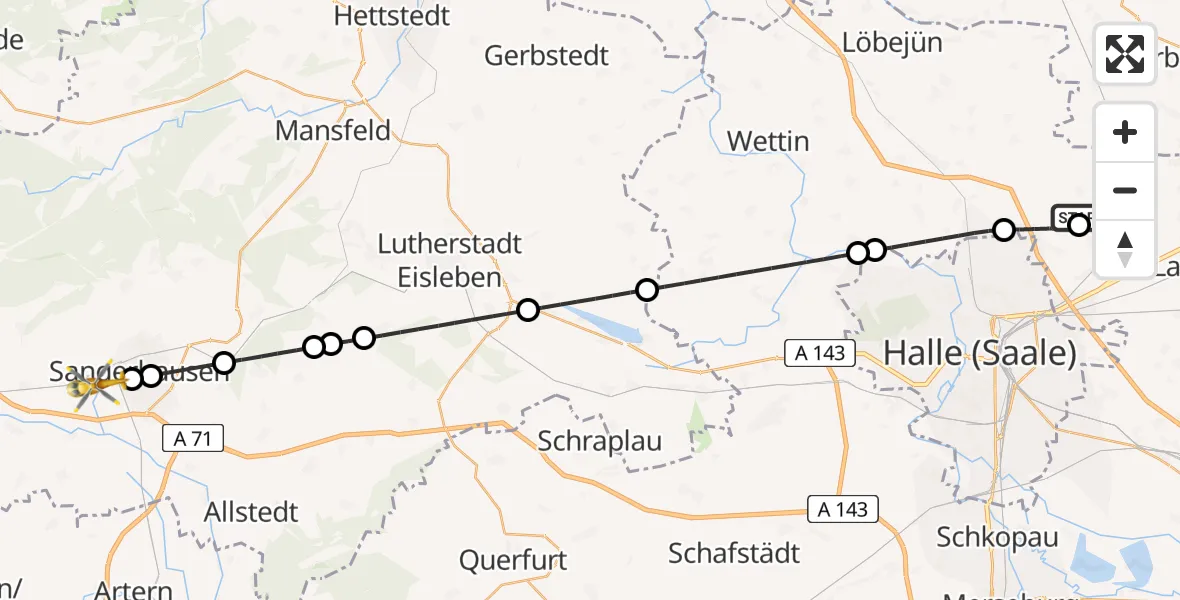 Flugroute Rettungshubschrauber Halle-Oppin Flugplatz - Sangerhausen, 08 August 2026, 16:29