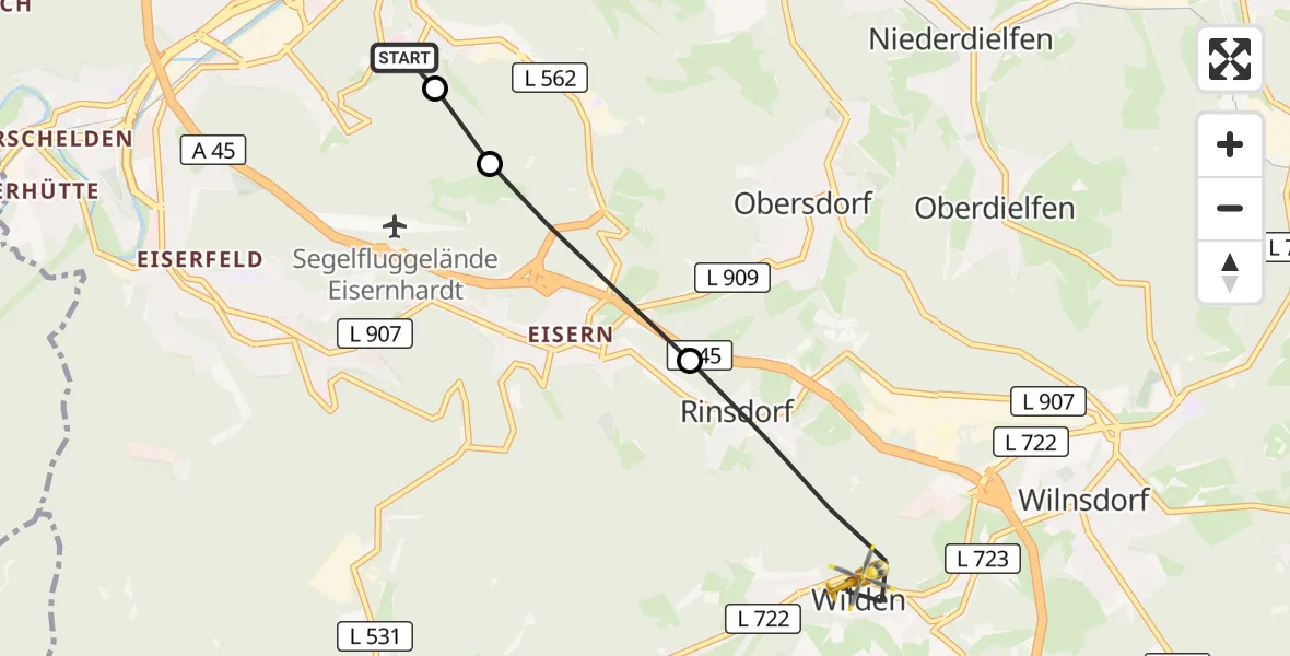 Flugroute Rettungshubschrauber Evangelisches Jung-Stilling Hospital - Wilnsdorf, 08 August 2026, 16:31