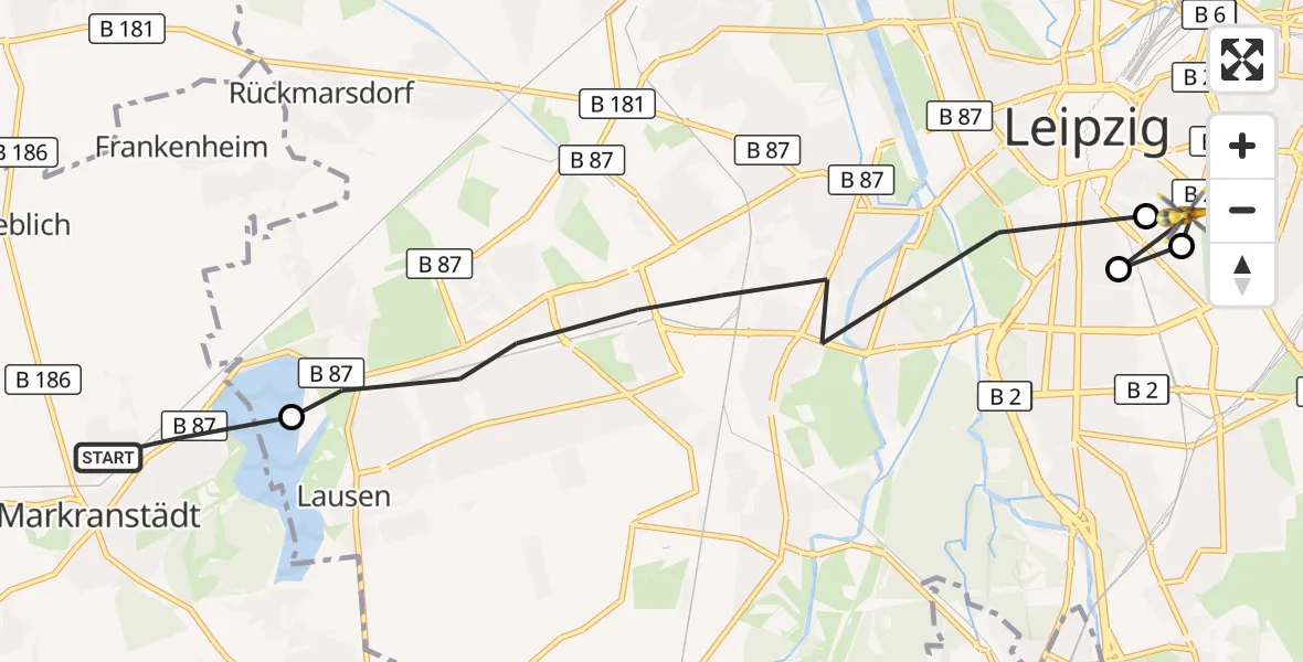 Flugroute Rettungshubschrauber Markranstädt - Leipzig University Hospital Hubschrauberlandeplatz 2, 08 August 2026, 16:34