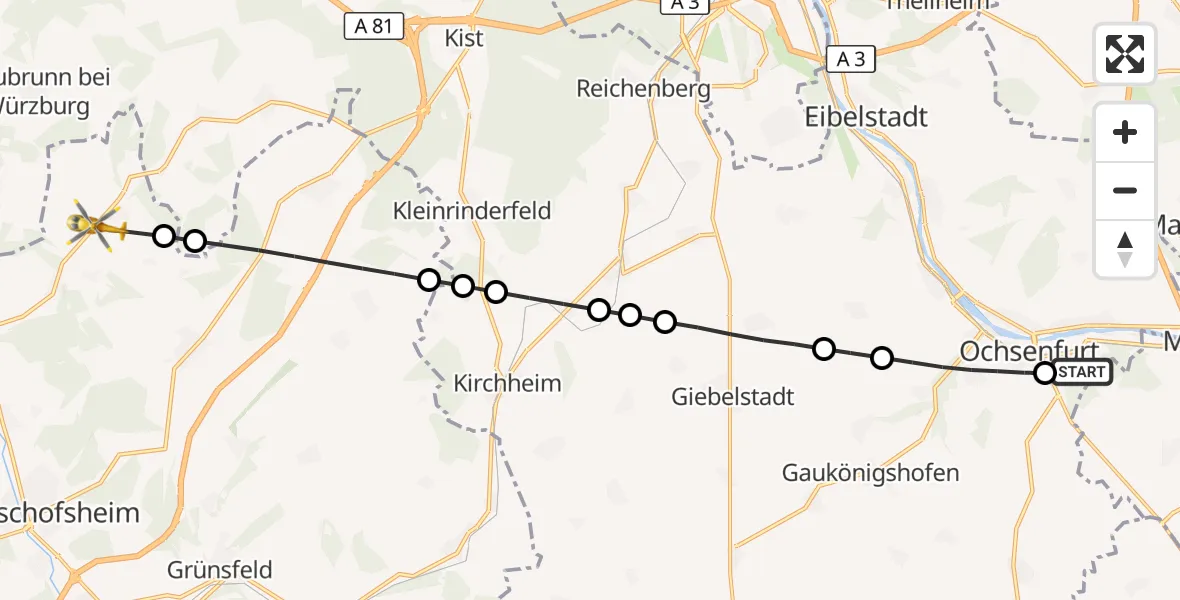 Flugroute Rettungshubschrauber Ochsenfurt Hospital - Werbach, 08 August 2026, 16:46