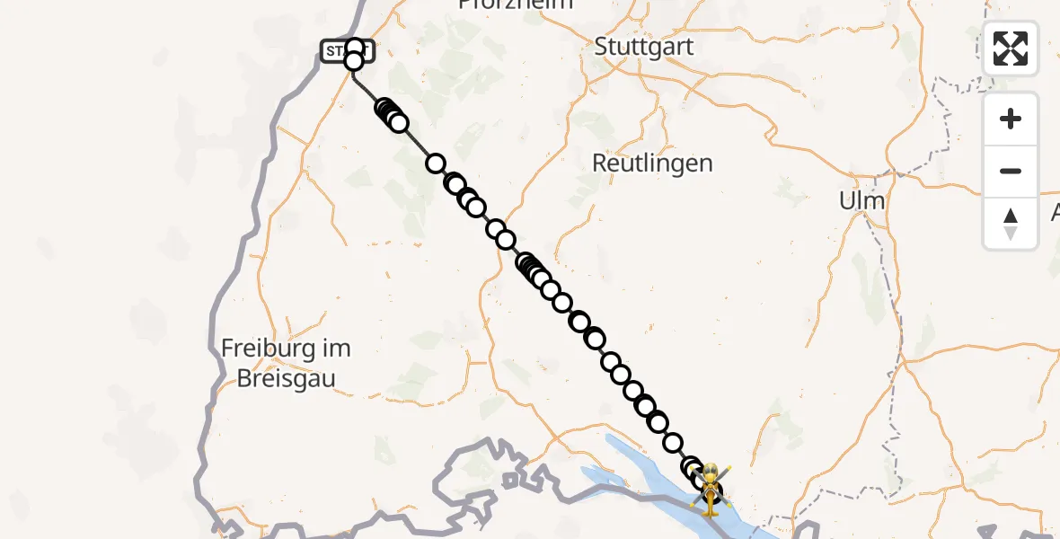 Flugroute Rettungshubschrauber Karlsruhe Baden-Baden Flughafen - Friedrichshafen Hospital, 08 August 2026, 16:51