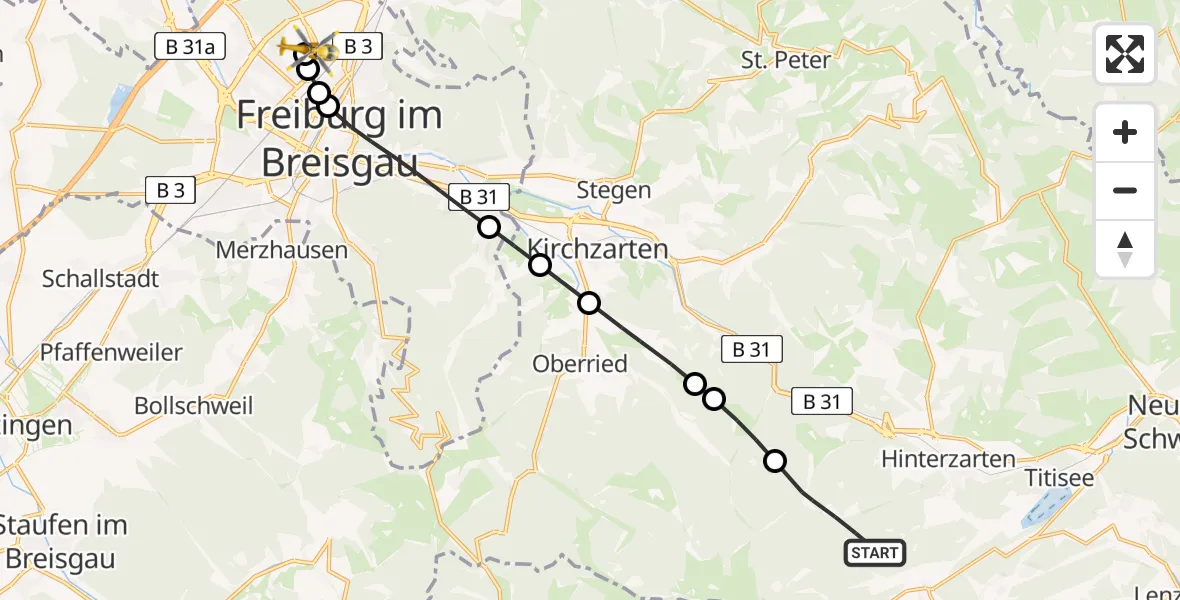 Flugroute Ambulanzhubschrauber Hinterzarten - Freiburg im Breisgau Flugplatz, 08 August 2026, 16:53
