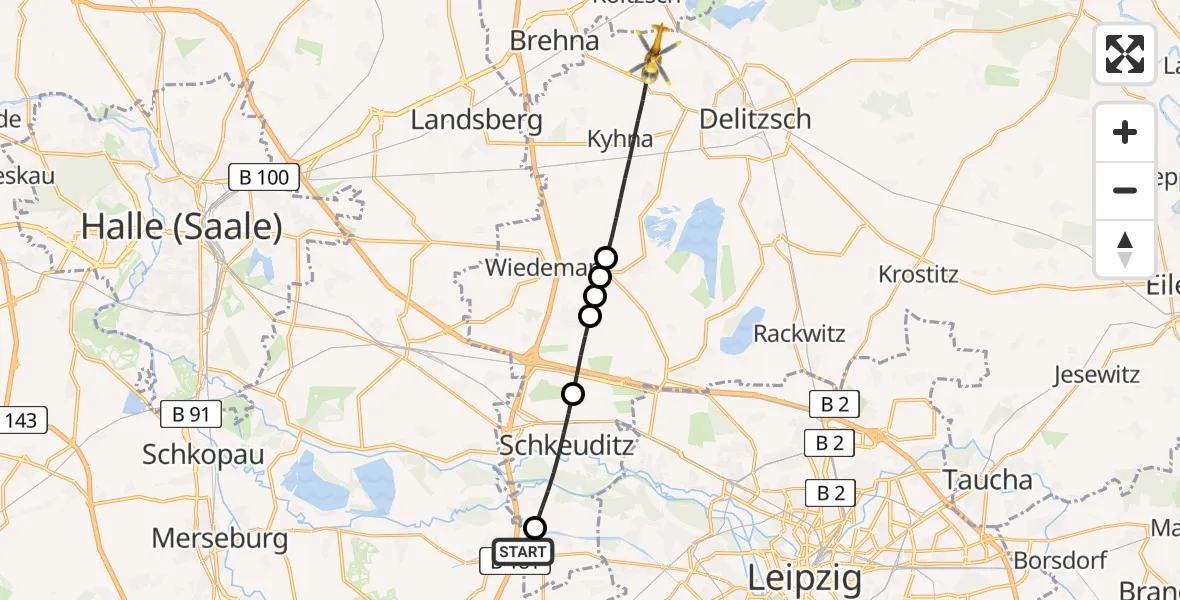 Flugroute Rettungshubschrauber ADAC Air Rescue Station Leipzig/Schkeuditz-Dölzig Hubschrauberlandeplatz (Christoph 61) - Wiedemar, 08 August 2026, 16:58