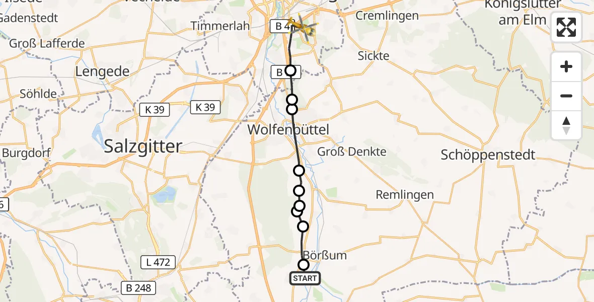 Flugroute Rettungshubschrauber Schladen-Werla - Braunschweig, 08 August 2026, 17:00
