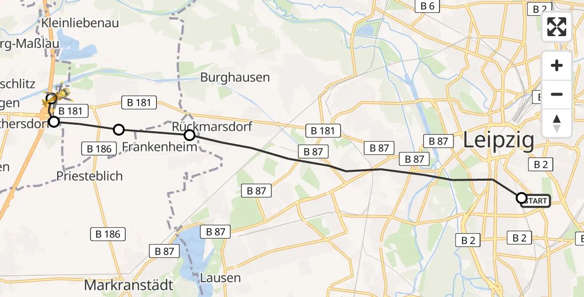 Flugroute Rettungshubschrauber Leipzig University Hospital Heliport 2 - ADAC Air Rescue Station Leipzig/Schkeuditz-Dölzig Hubschrauberlandeplatz (Christoph 61), 08 August 2026, 17:04
