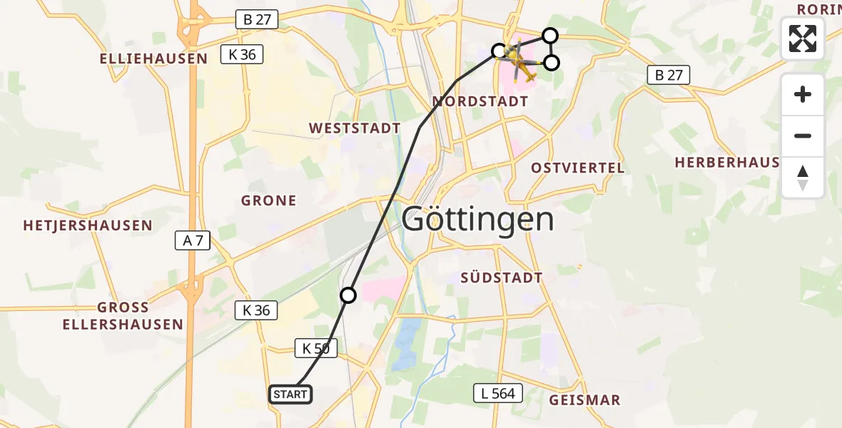 Flugroute Rettungshubschrauber Rosdorf - Göttingen University Clinic Hubschrauberlandeplatz, 08 August 2026, 17:04