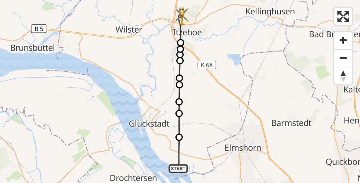 Flugroute Rettungshubschrauber Kollmar - Itzehoe, 08 August 2026, 17:11