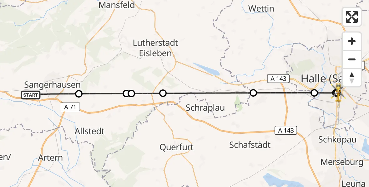 Flugroute Rettungshubschrauber Sangerhausen - BG Hospital Bergmannstrost Halle, 08 August 2026, 17:12