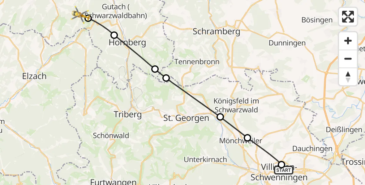 Flugroute Ambulanzhubschrauber DRF Air Rescue Station Villingen-Schwenningen Hubschrauberlandeplatz (Christoph 11) - Mühlenbach, 08 August 2026, 17:15