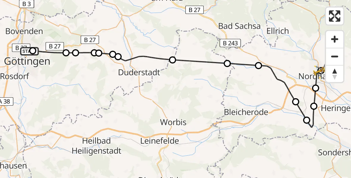 Flugroute Rettungshubschrauber Göttingen University Clinic Hubschrauberlandeplatz - Südharz Hospital Nordhausen, 08 August 2026, 17:30