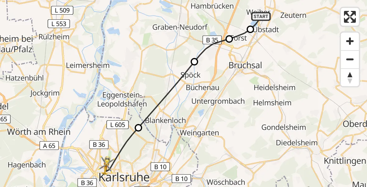 Flugroute Ambulanzhubschrauber Ubstadt-Weiher - Karlsruhe, 08 August 2026, 17:36