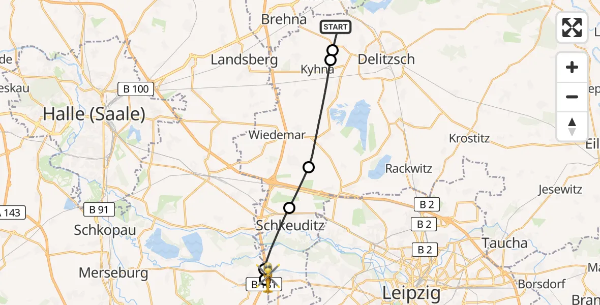 Flugroute Rettungshubschrauber Wiedemar - ADAC Air Rescue Station Leipzig/Schkeuditz-Dölzig Hubschrauberlandeplatz (Christoph 61), 08 August 2026, 17:38