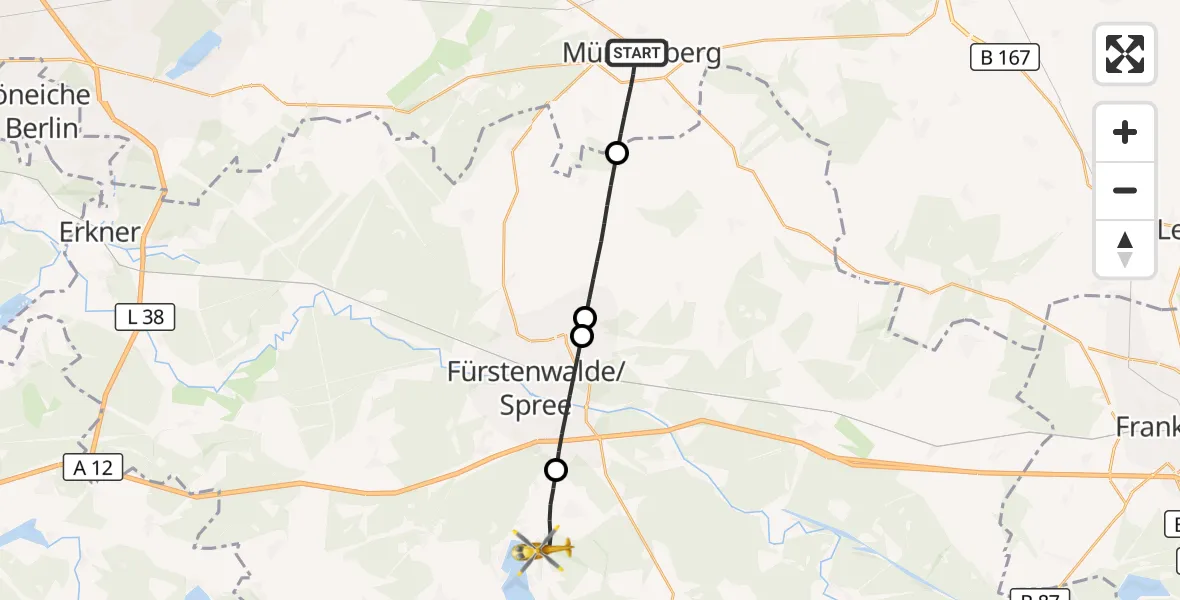 Flugroute Rettungshubschrauber Müncheberg - Bad Saarow, 08 August 2026, 17:38