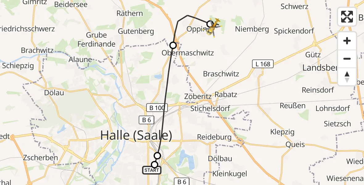 Flugroute Rettungshubschrauber BG Hospital Bergmannstrost Halle - Halle-Oppin Flugplatz, 08 August 2026, 17:53