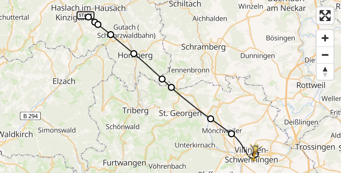 Flugroute Ambulanzhubschrauber Haslach im Kinzigtal - DRF Air Rescue Station Villingen-Schwenningen Hubschrauberlandeplatz (Christoph 11), 08 August 2026, 17:56