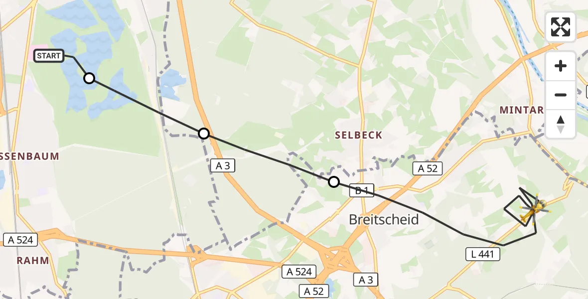 Flugroute Rettungshubschrauber Duisburg Air Rescue Hubschrauberlandeplatz (Christoph 9) - Ratingen, 08 August 2026, 17:58
