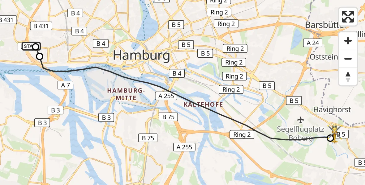 Flugroute Ambulanzhubschrauber Asklepios Hospital Altona - Christoph Hansa ADAC Hubschrauberlandeplatz, 08 August 2026, 18:04