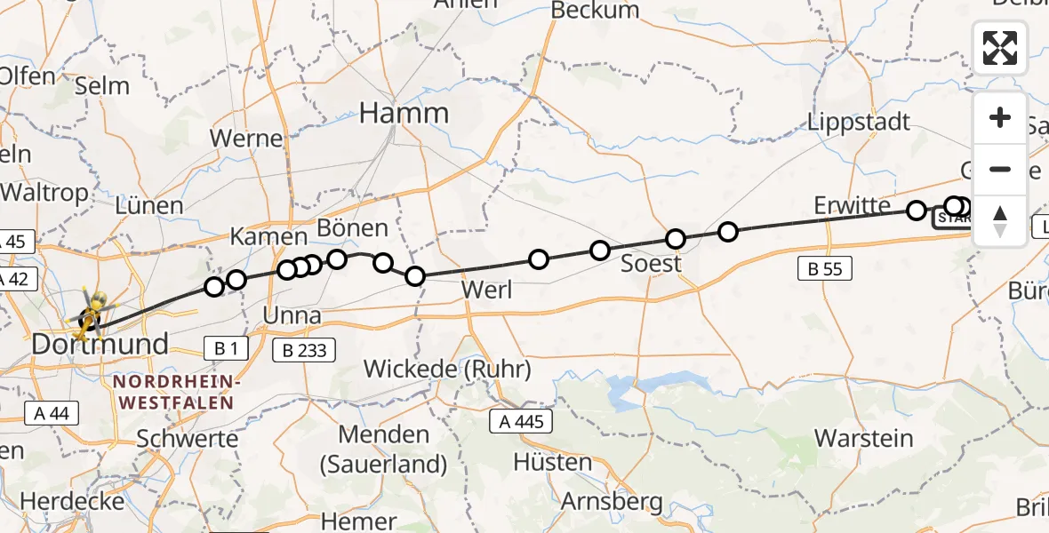 Flugroute Rettungshubschrauber Geseke - Dortmund Hospital North, 08 August 2026, 18:05