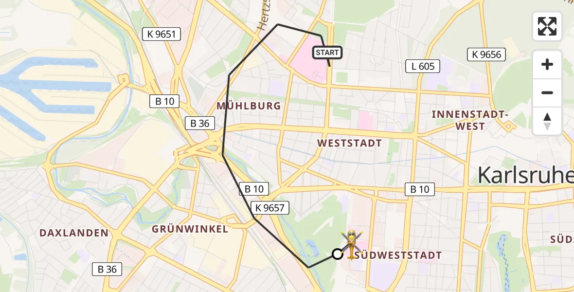 Flugroute Ambulanzhubschrauber Karlsruhe - Sankt Vincentius Hospital, 08 August 2026, 18:16