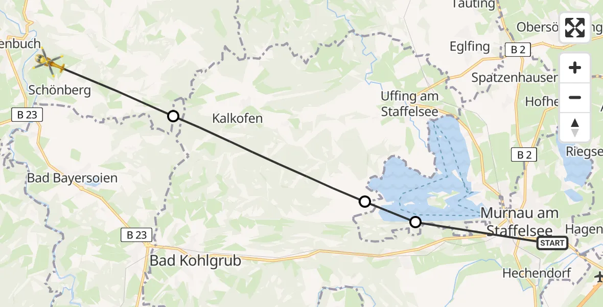 Flugroute Rettungshubschrauber Murnau Accident Hospital - Rottenbuch, 08 August 2026, 18:31