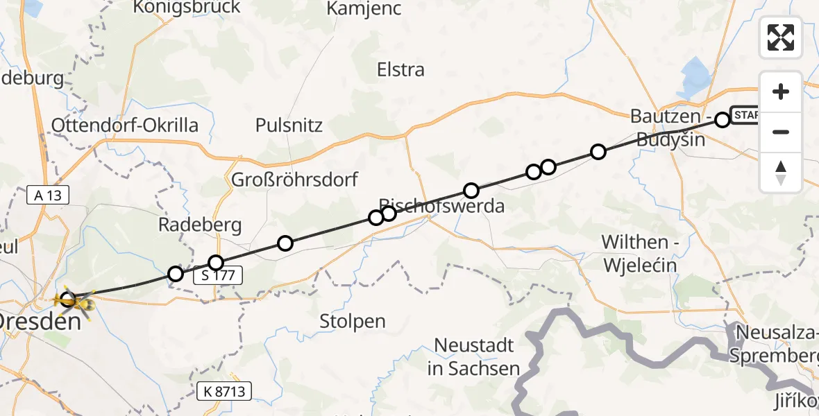 Flugroute Rettungshubschrauber Kubschütz - Dresden Elbwiesen Hubschrauberlandeplatz, 08 August 2026, 18:32