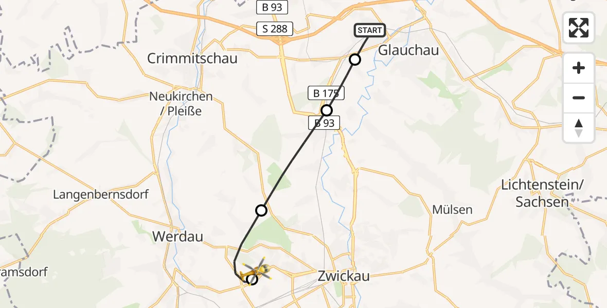 Flugroute Rettungshubschrauber Glauchau - ADAC Air Rescue Station Zwickau Hubschrauberlandeplatz, 08 August 2026, 18:33