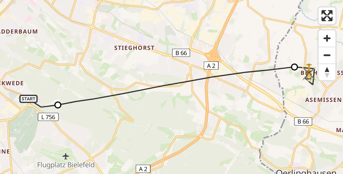 Flugroute Rettungshubschrauber Luftrettungszentrum Bielefeld - Leopoldshöhe, 08 August 2026, 18:40
