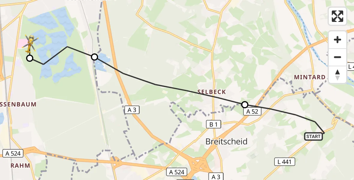 Flugroute Rettungshubschrauber Ratingen - Duisburg Air Rescue Hubschrauberlandeplatz (Christoph 9), 08 August 2026, 19:02