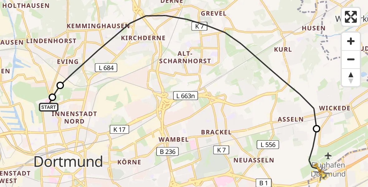 Flugroute Rettungshubschrauber Dortmund Hospital North - Dortmund Flughafen, 08 August 2026, 19:05