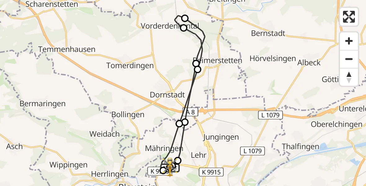 Flugroute Rettungshubschrauber Ulm Military Hospital Emergency - ADAC Air Rescue Station Ulm (Christoph 22), 08 August 2026, 19:33