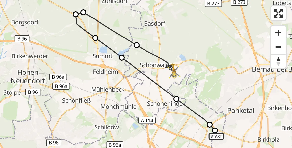 Flugroute Rettungshubschrauber Helios Clinic Berlin-Buch - Wandlitz, 08 August 2026, 19:35