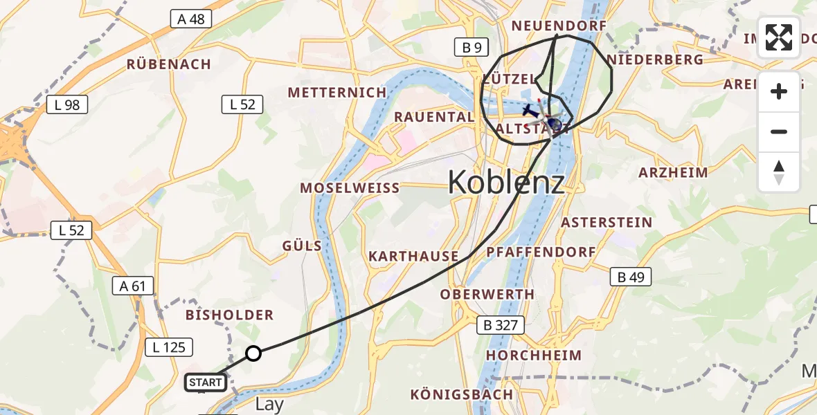 Flugroute Polizeihubschrauber Koblenz-Winningen Flugplatz - Koblenz, 08 August 2026, 19:56