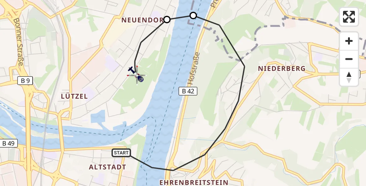 Flugroute Polizeihubschrauber Koblenz - Koblenz, 08 August 2026, 20:26