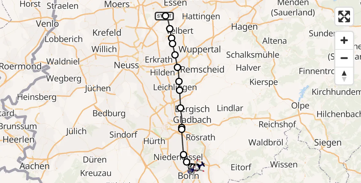 Flugroute Polizeihubschrauber Essen-Mülheim Flughafen - Sankt Augustin, 08 August 2026, 20:32