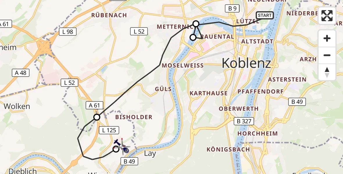 Flugroute Polizeihubschrauber Koblenz - Koblenz-Winningen Flugplatz, 08 August 2026, 20:37