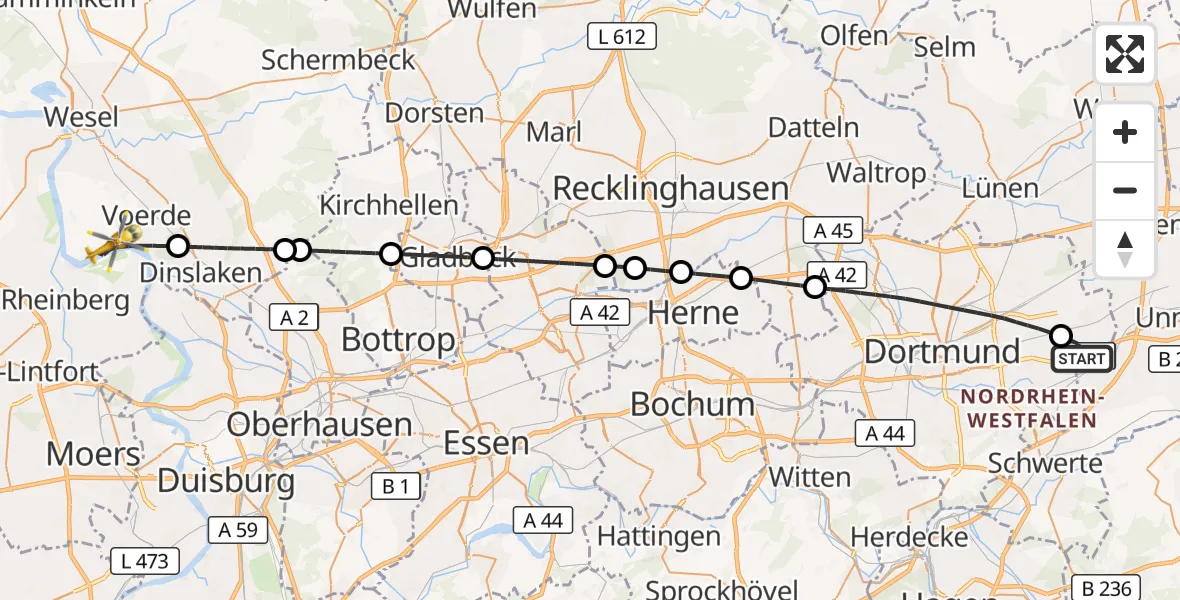 Flugroute Rettungshubschrauber Dortmund Flughafen - Voerde (Niederrhein), 08 August 2026, 21:07