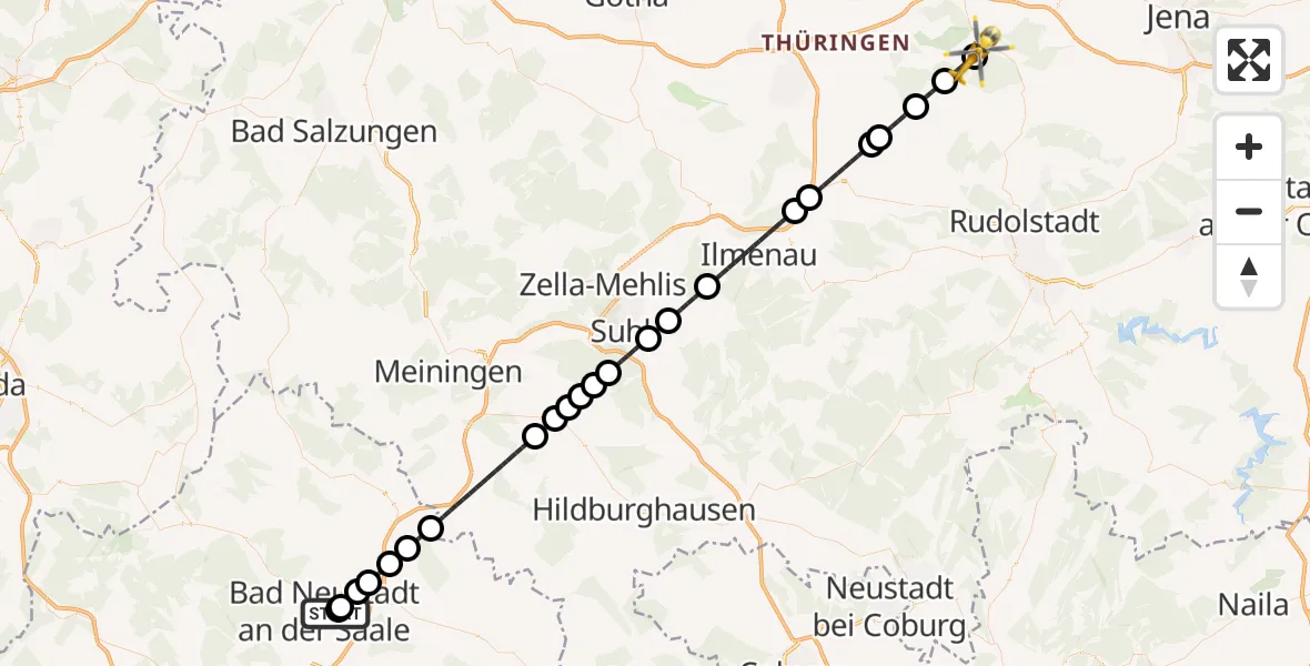 Flugroute Ambulanzhubschrauber Bad Neustadt an der Saale Hospital - DRF Rettungsstation Bad Berka Hubschrauberlandeplatz, 08 August 2026, 21:30