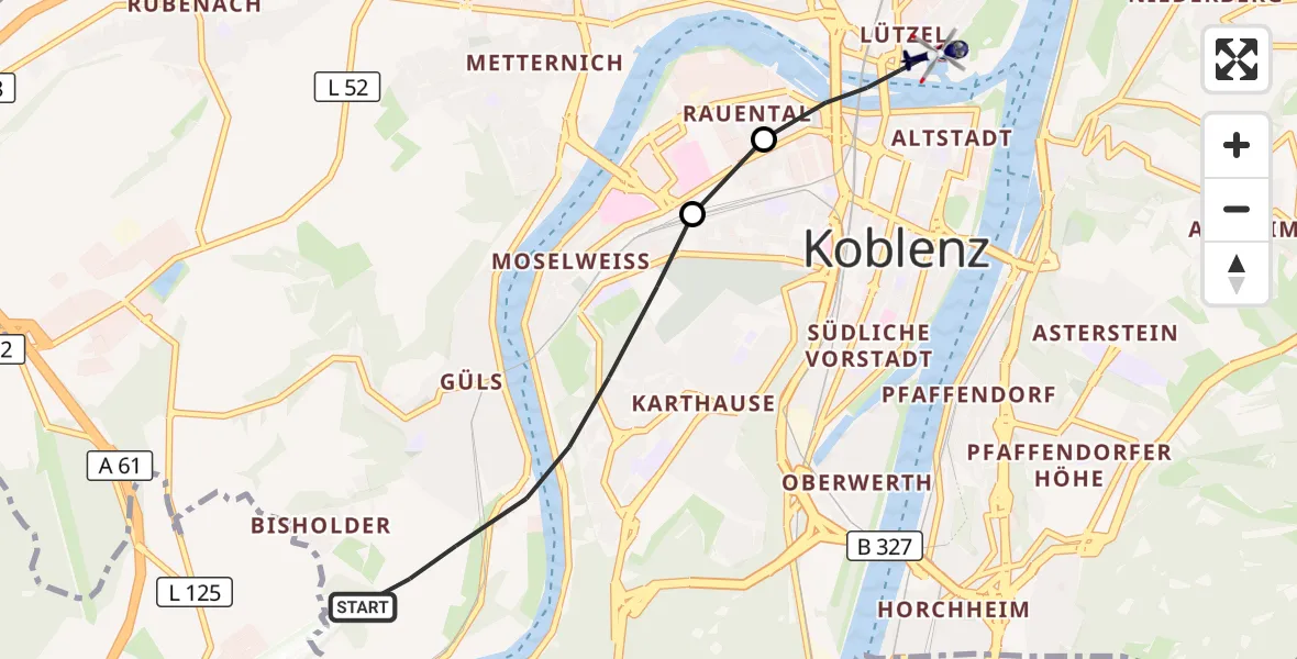 Flugroute Polizeihubschrauber Koblenz - Koblenz, 08 August 2026, 21:37
