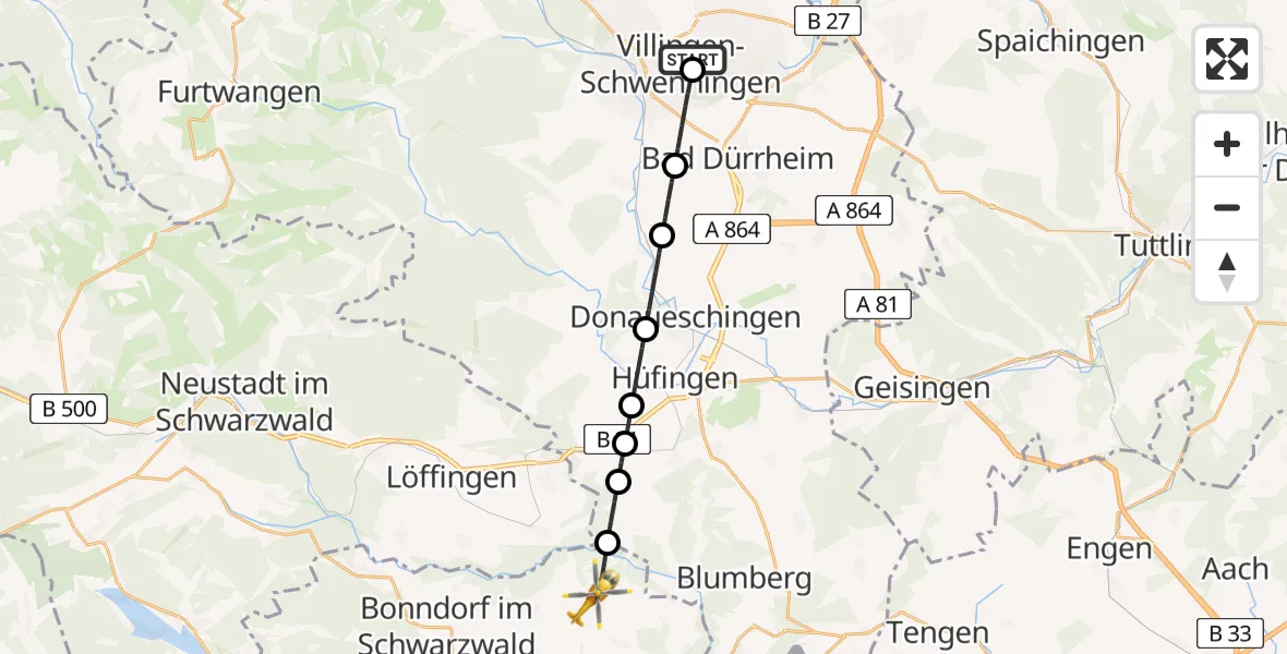 Flugroute Ambulanzhubschrauber DRF Air Rescue Station Villingen-Schwenningen Hubschrauberlandeplatz (Christoph 11) - Wutach, 08 August 2026, 21:40