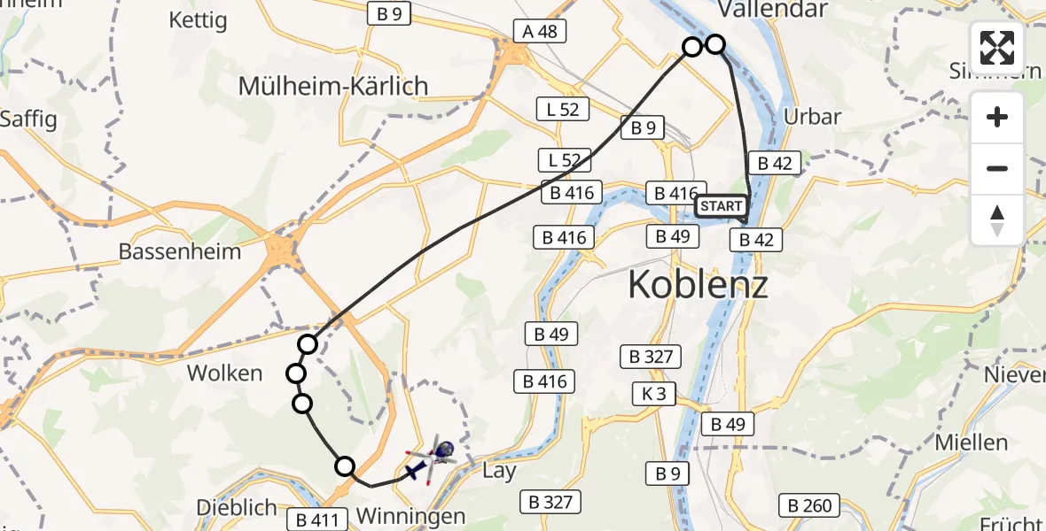 Flugroute Polizeihubschrauber Koblenz - Koblenz-Winningen Flugplatz, 08 August 2026, 21:46