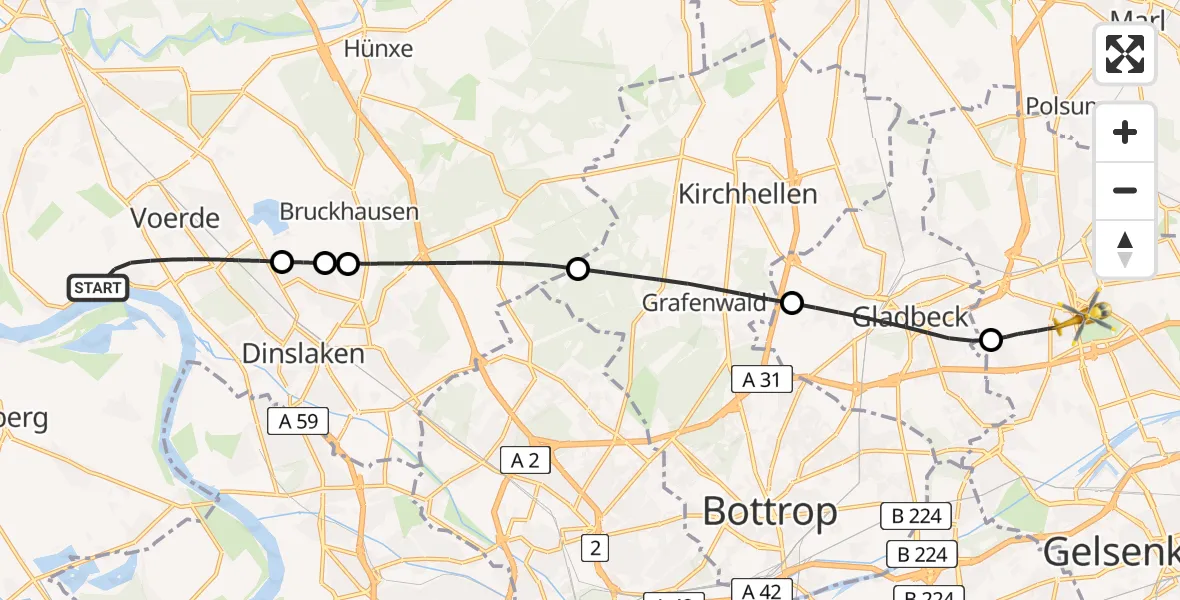Flugroute Rettungshubschrauber Voerde (Niederrhein) - Gelsenkirchen, 08 August 2026, 21:50