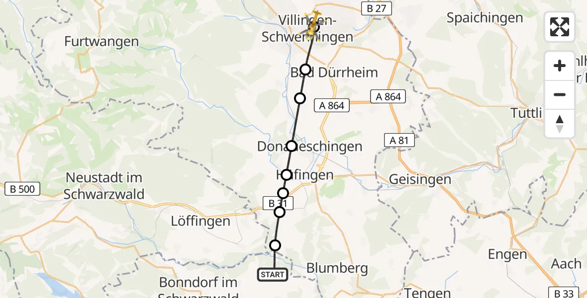 Flugroute Ambulanzhubschrauber Wutach - DRF Air Rescue Station Villingen-Schwenningen Hubschrauberlandeplatz (Christoph 11), 08 August 2026, 22:18